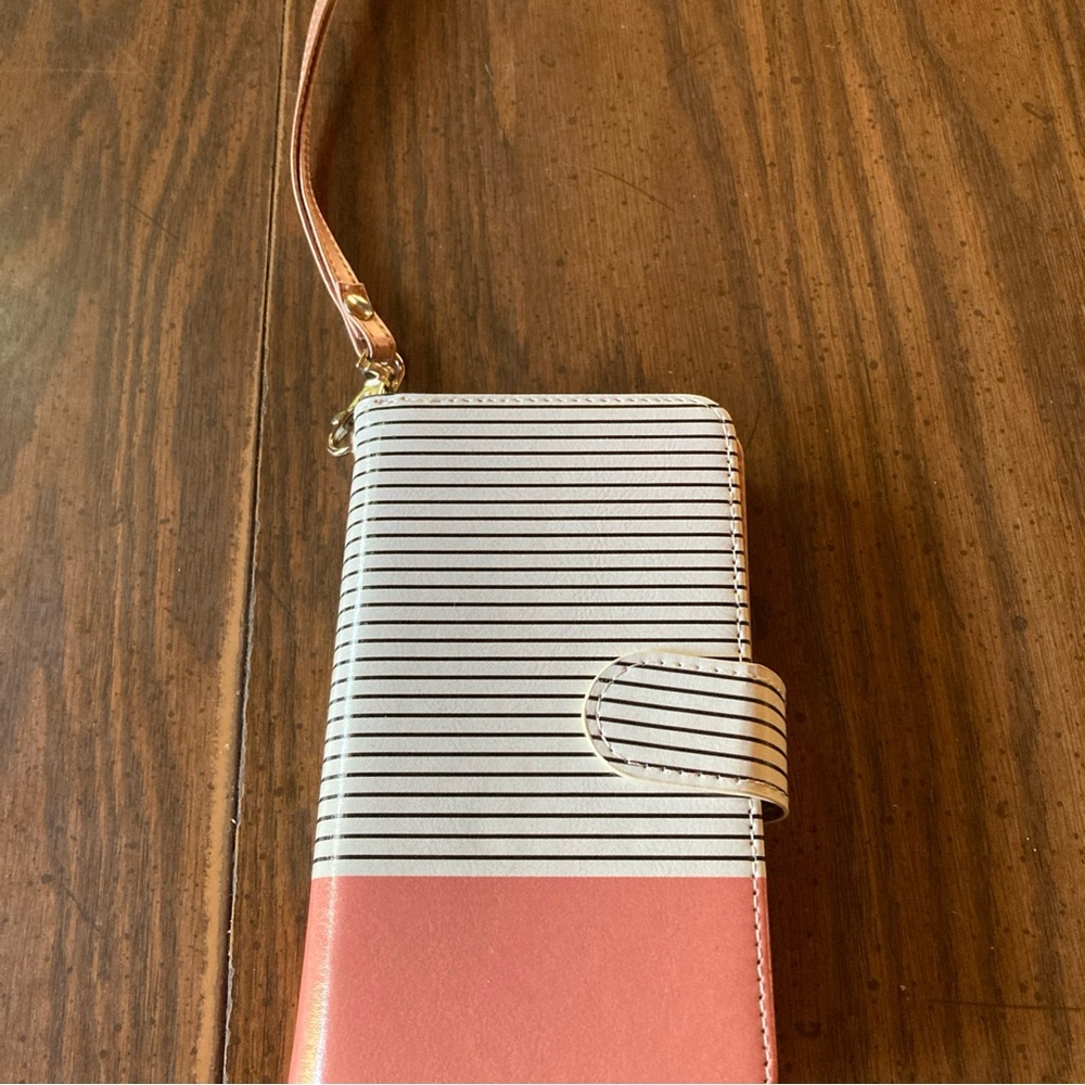 Ulak for iPhone salmon color  blue white stripes, wristlet wallet card storage